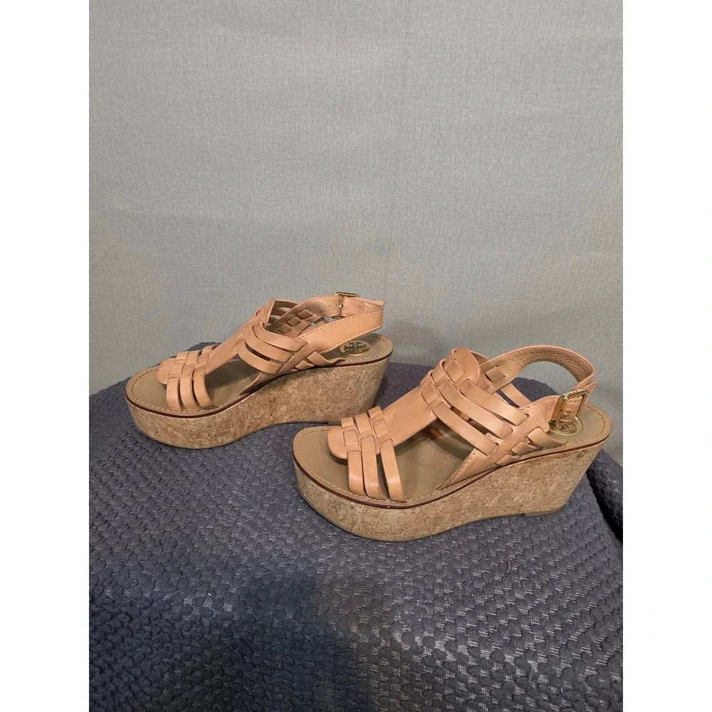Tory Burch Tan Leather Woven Cage Cork Platform Wedge Sandals 7.5 M Brazil